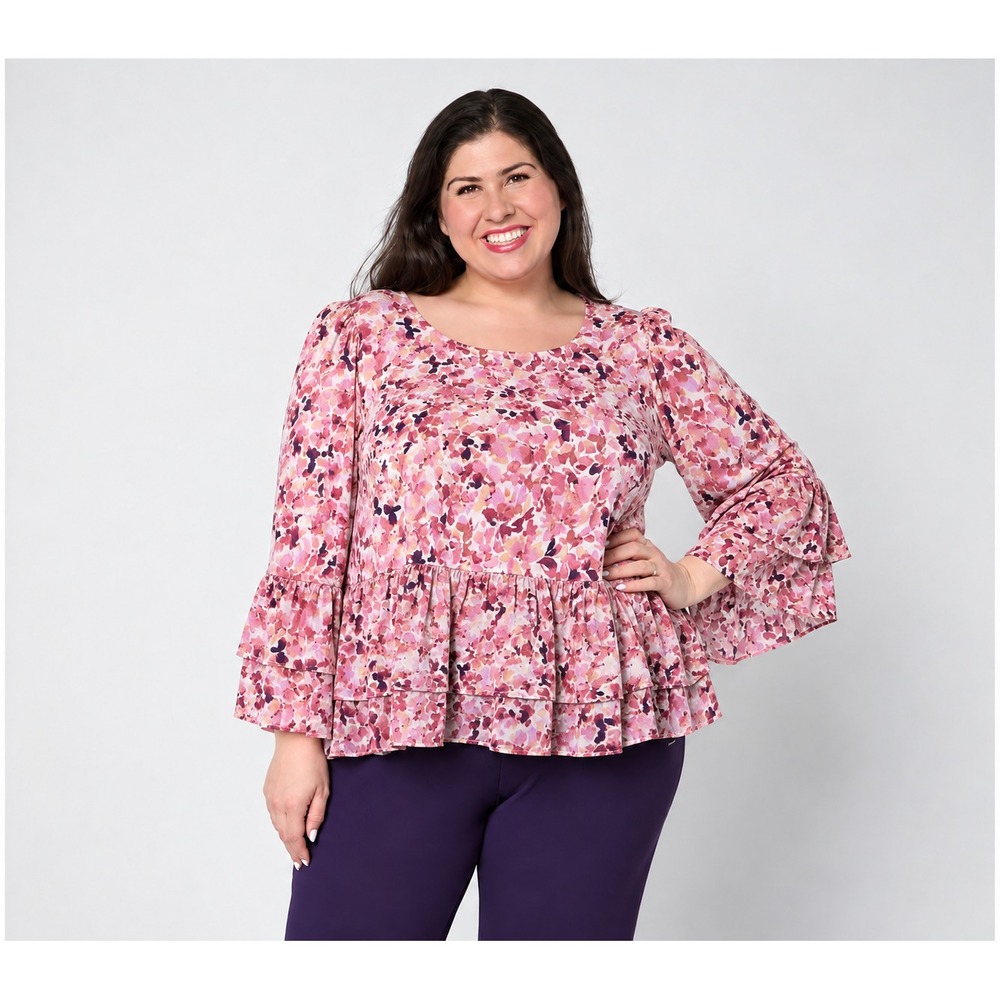 Susan Graver Printed Liquid Knit Scoop Neck Top w/ Woven Ruffle Sunset Glow, XL